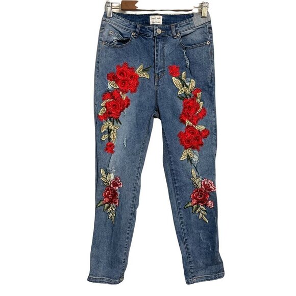 emory park Denim - Emory Park Women's Floral Embroidered Distressed High Rise Straight Jeans Small